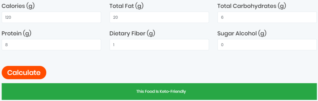 Ketofoodist.com food label calculator result